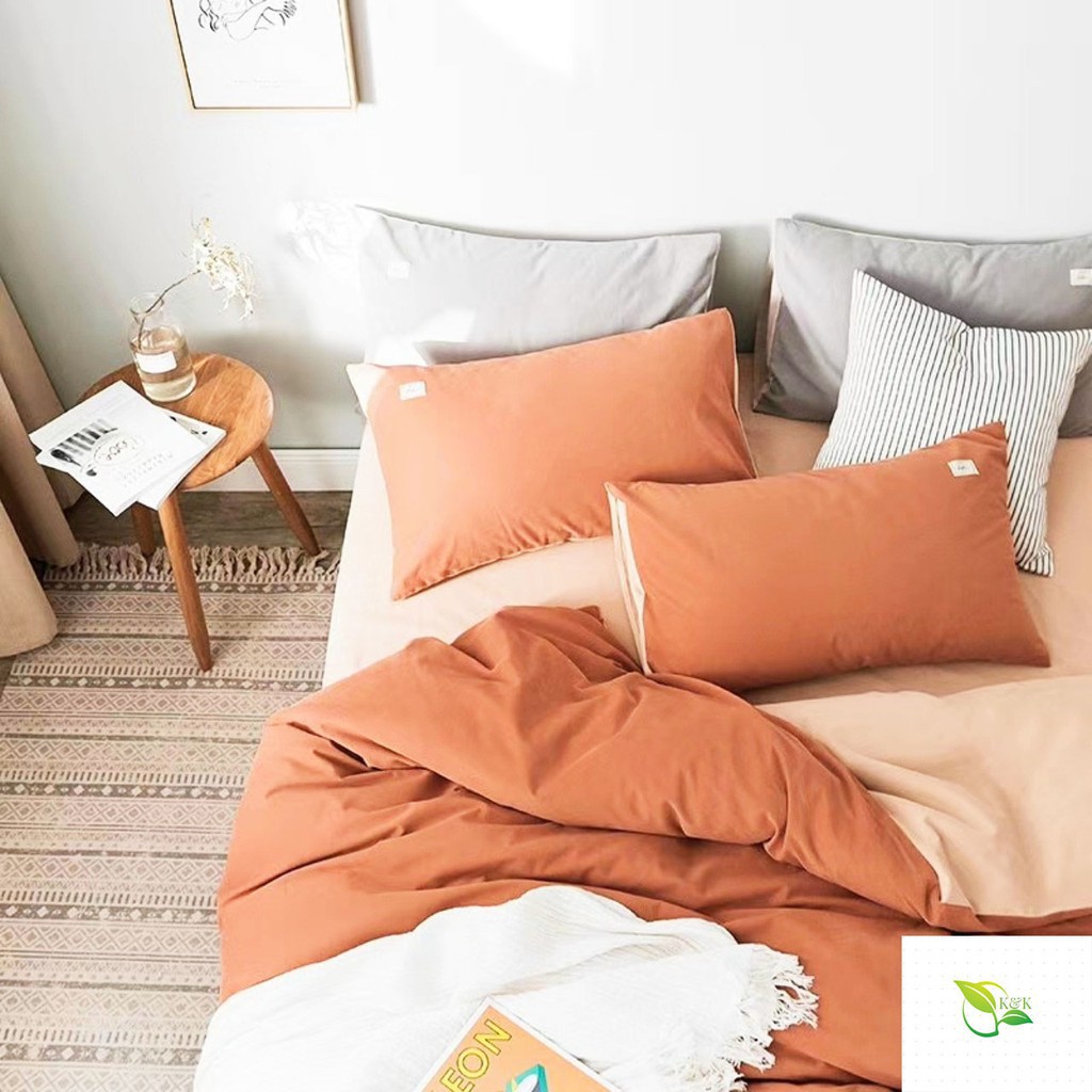 Bộ Chăn Ga Gối Cotton TICI K'home trơn 1 màu hàng nhập - Cam Đất