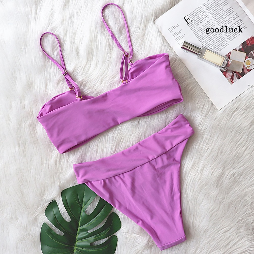 Bộ Đồ Bơi Hai Mảnh Màu Sắc Trơn Lưng Cao Phối Khóa Kim Loại Dành Cho Nữ