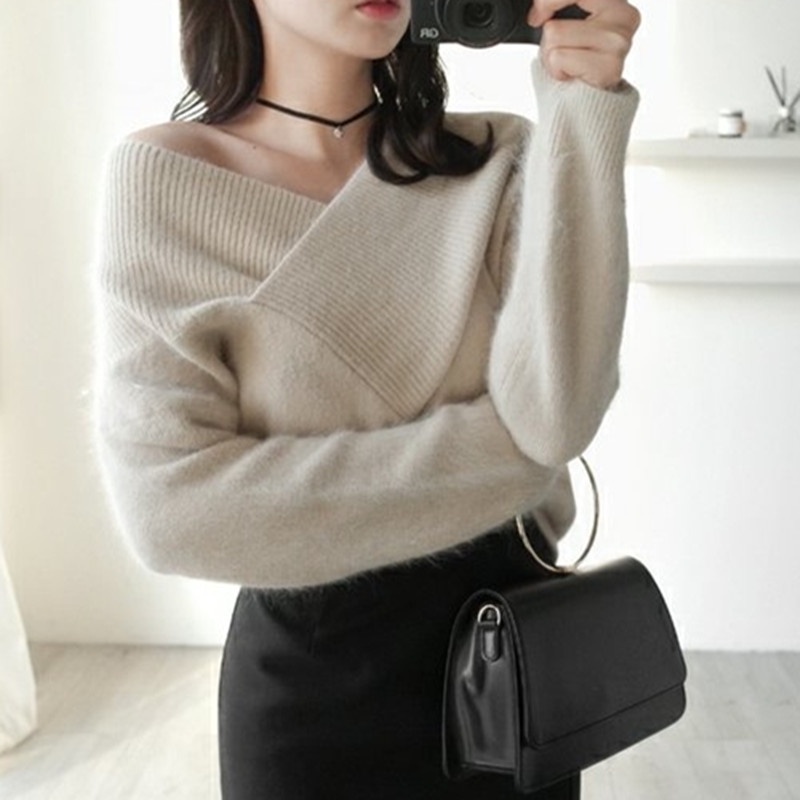 SUXI Áo Sweater Dệt Kim Cổ Chữ V Trễ Vai Quyến Rũ Thời Trang Cho Nữ Phong Cách Hàn Quốc
