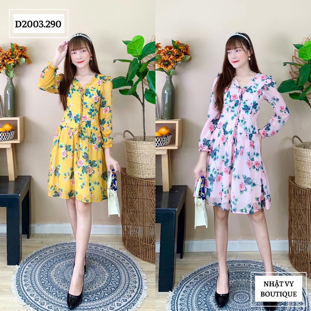 Đầm tơ hoa tay dài đan ngực - D2003
