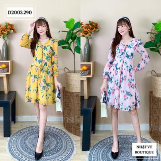 Đầm tơ hoa tay dài đan ngực - D2003