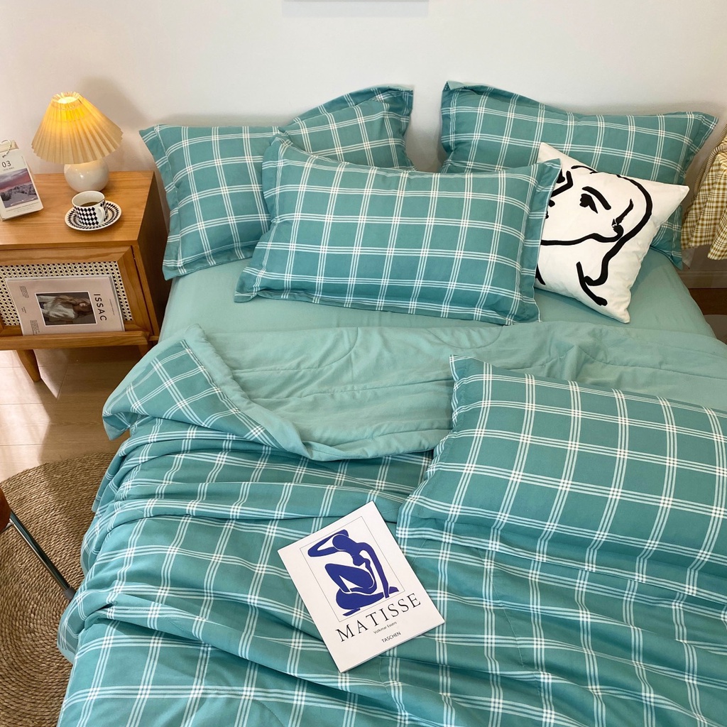 Bộ Chăn Chần Ga Giường Vỏ Gối 4 Món Cotton Đũi Cao Cấp Hoạ Tiết Caro Hiện Đại Đủ Size Poohbedding