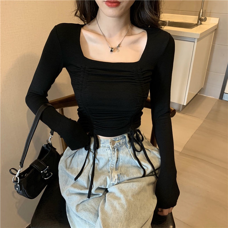 Áo thun COZOK dài tay cổ vuông thiết kế dây rút xếp ly xinh xắn