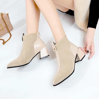 Giày Bốt Nữ Da Lộn Viền Da Gót Vuông cao 5cm