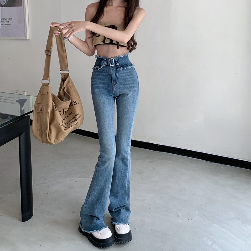 Kumikumi Quần jeans Nữ Lưng Cao Ống Loe Thời Trang Hàn Quốc