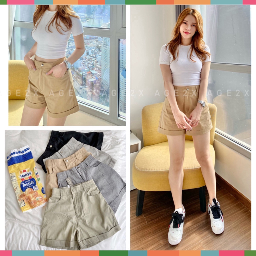 Quần Short Ống Rộng Lưng Cao Vải Kaki Cotton Thời Trang Năng Động Cá Tính Cho Nữ
