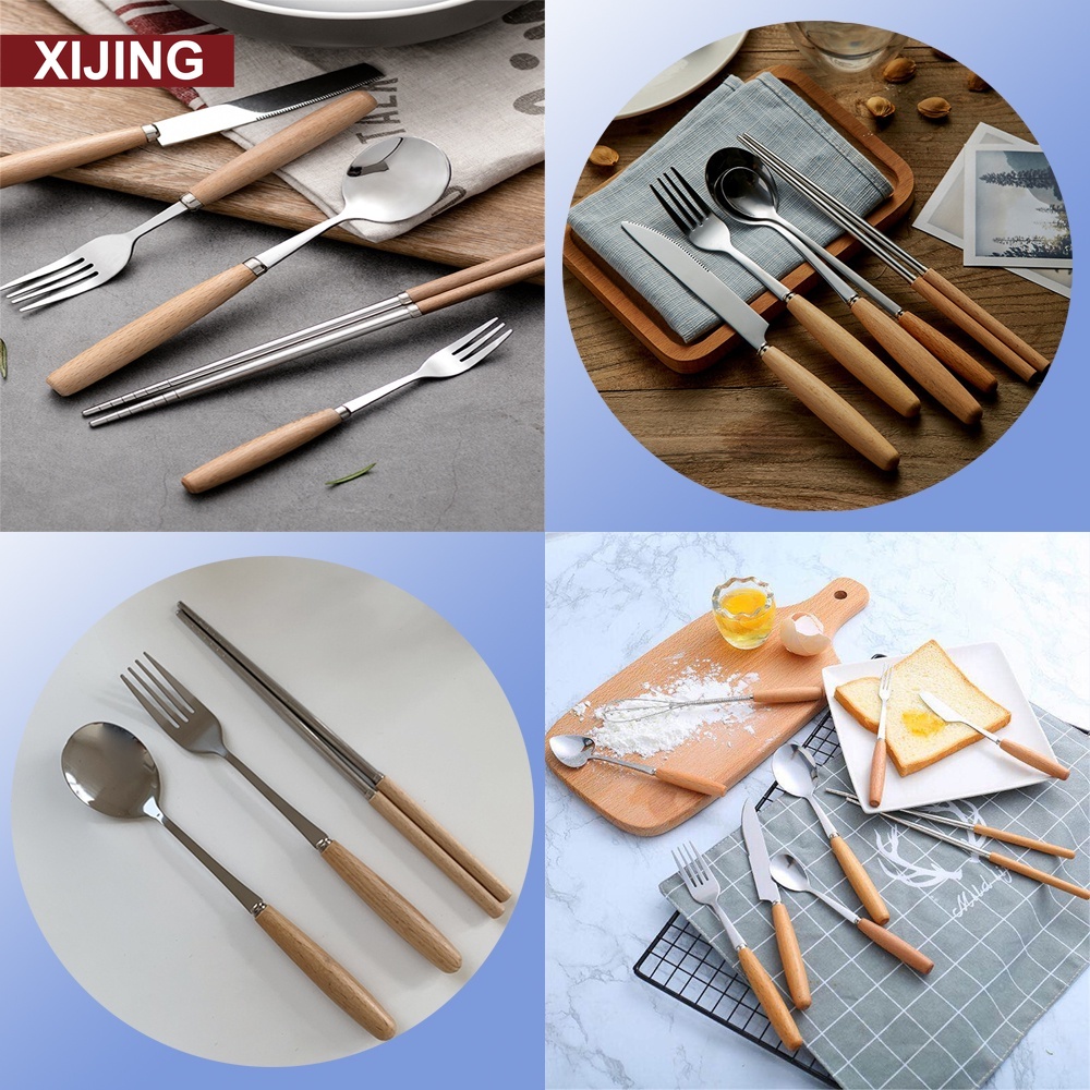 Muỗng/ nĩa/ đũa bằng thép không gỉ cán gỗ phong cách Nhật Bản