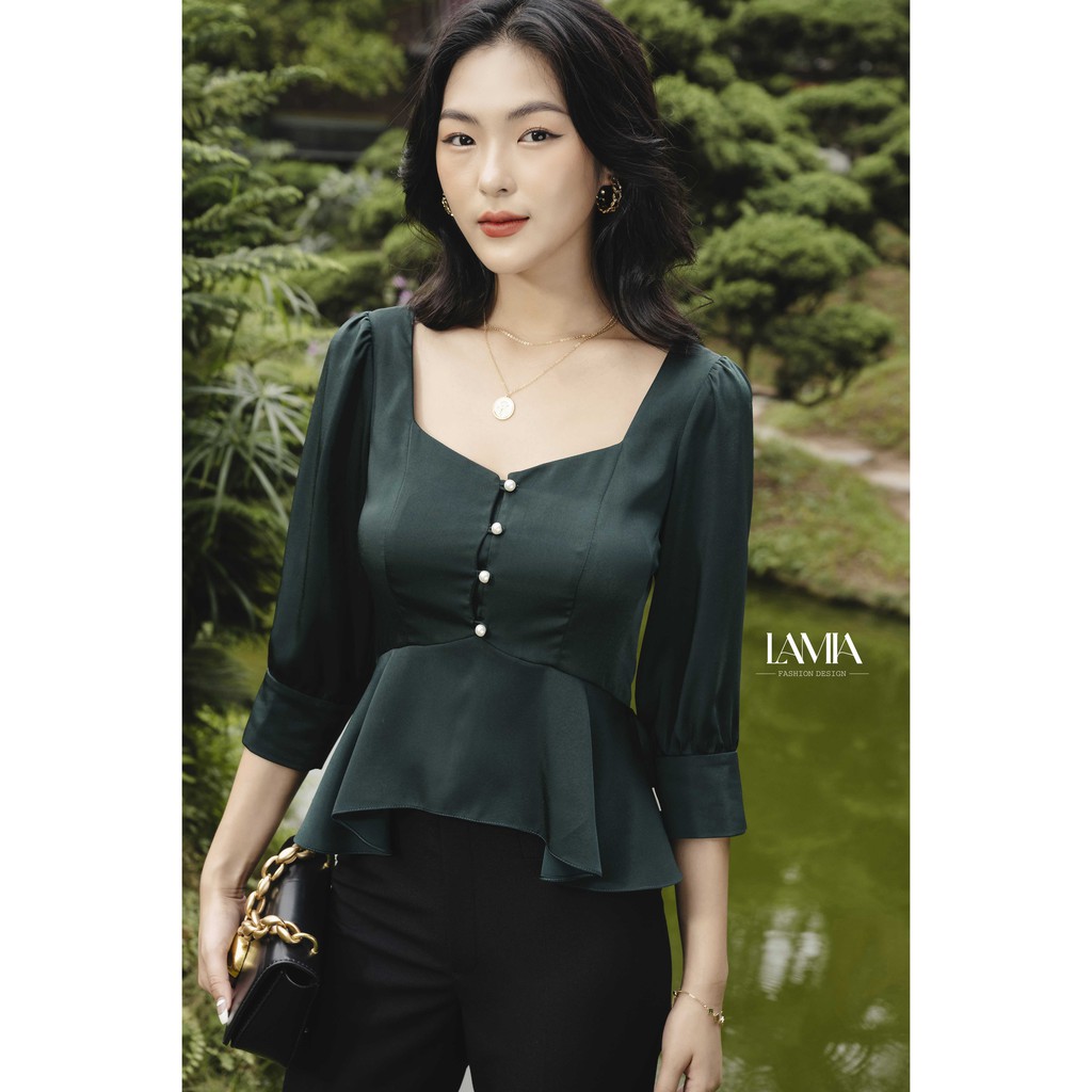 Áo sơ mi nữ peplum màu xanh lam La Mia Design LA072