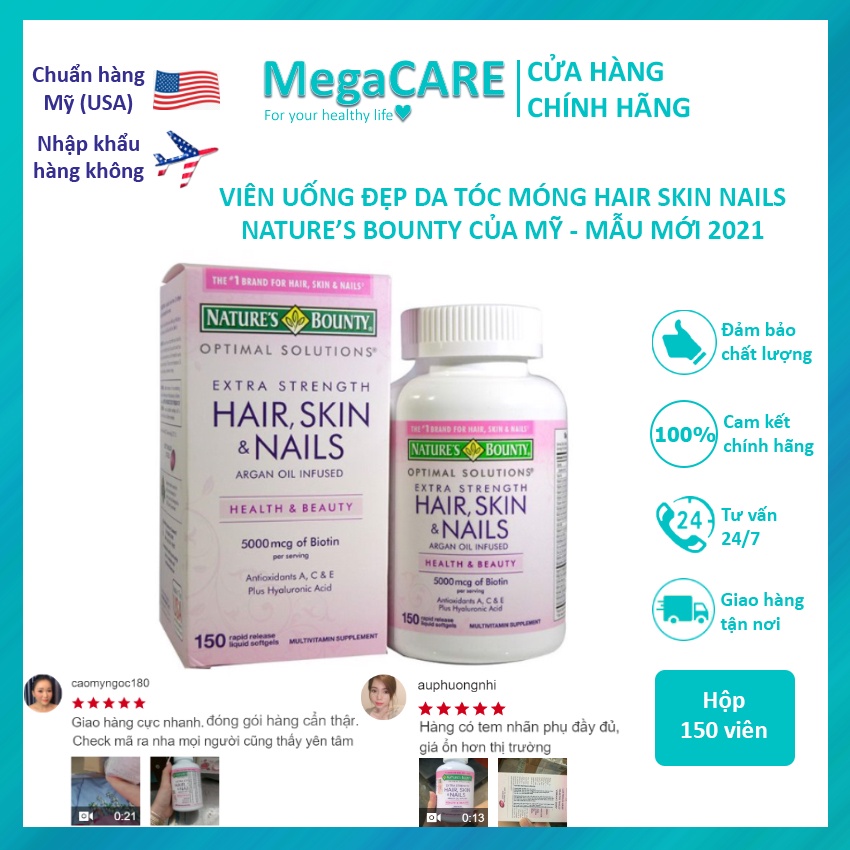 Viên uống Đẹp Da, Tóc, Móng Hair Skin Nail Nature's Bounty 125, 250 viên của Mỹ - Mẫu mới 2021