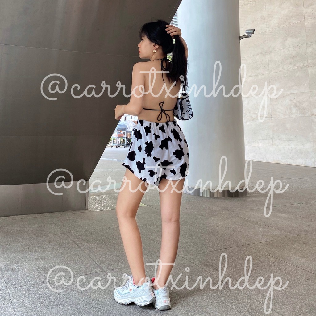 Quần đùi nhung bò sữa áo ngực bra đốm bò sữa cột cổ chất nhung cao cấp freesize carrotxinhdep cá tính năng động dễ thươn