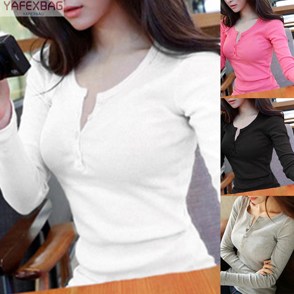 Women V Neck Basic Solid Slim Fit Casual  Long Sleeve Tops Shirt T-Shirt New 2022 hot salenew