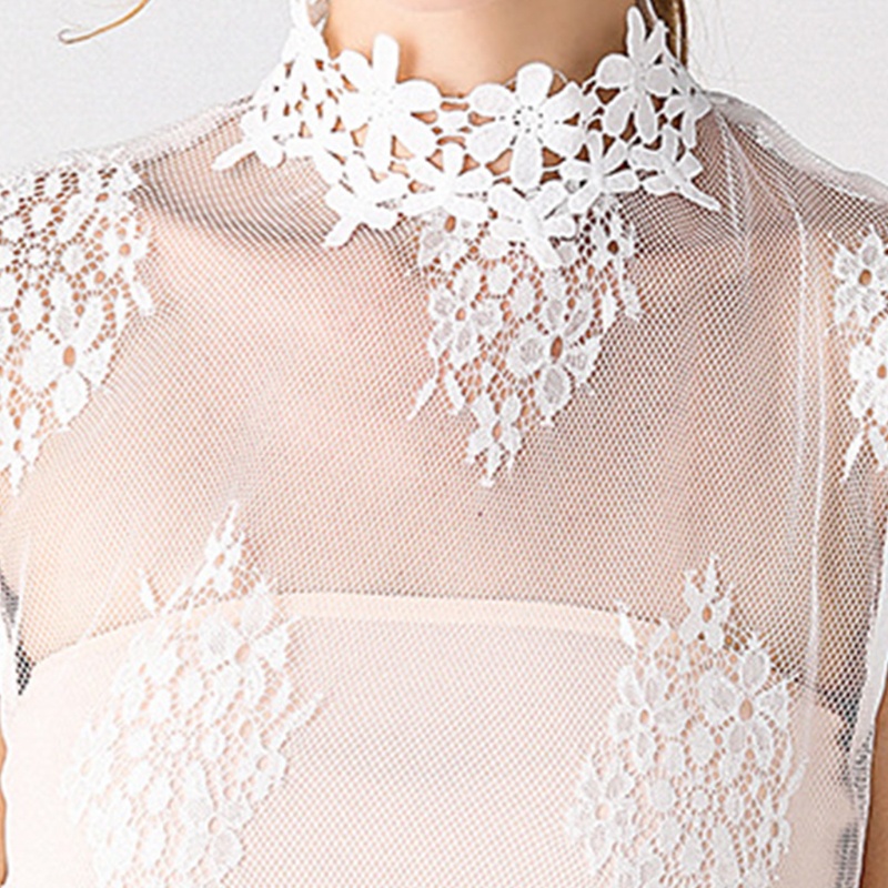 Han Áo Chui Đầu Sát Nách Chui Đầu Cổ Lọ Phối Ren Lưới Rỗng Có Thể Tháo Rời Họa Tiết Hoa Có Thể Tháo Rờ