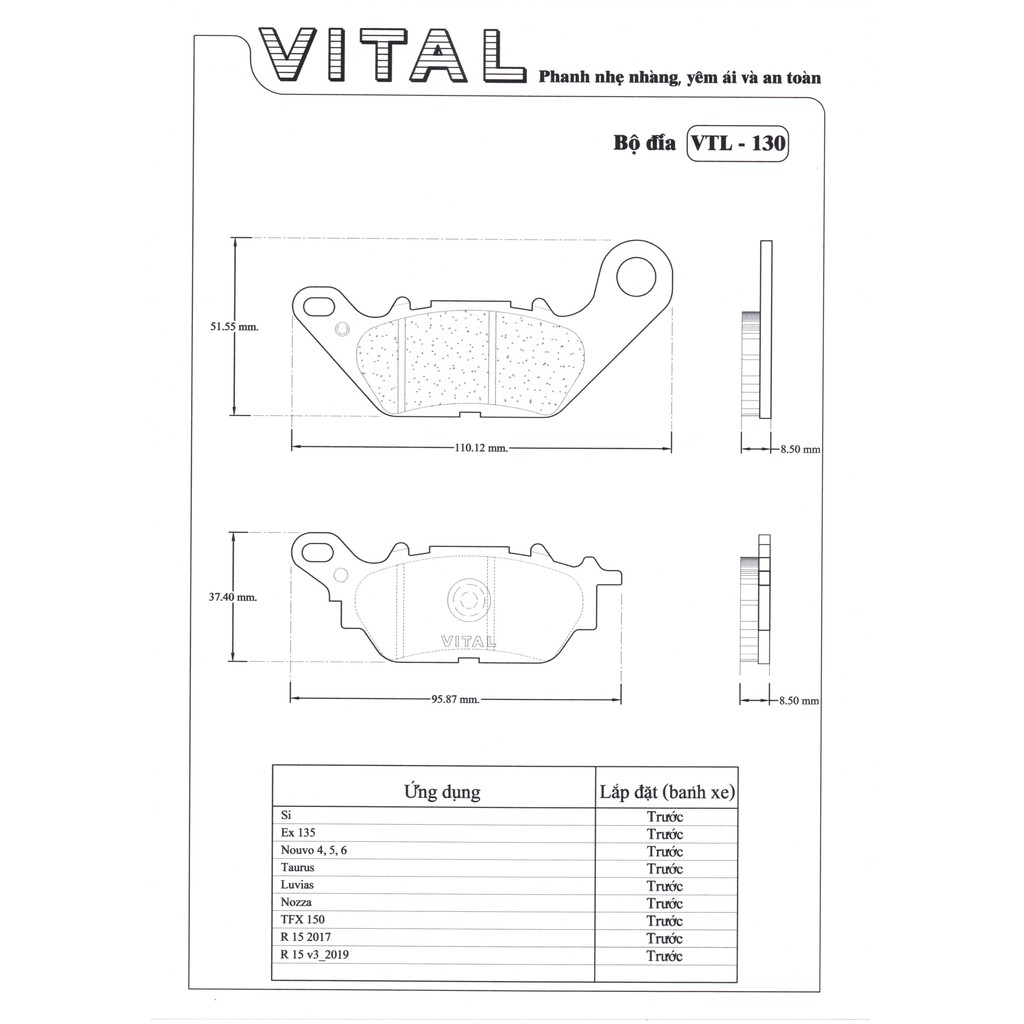 Combo bố thắng đĩa cho xe R15 2017 trước và sau hiệu VITAL - Má phanh xe máy, bố thắng đĩa VITAL chính hãng Thái lan