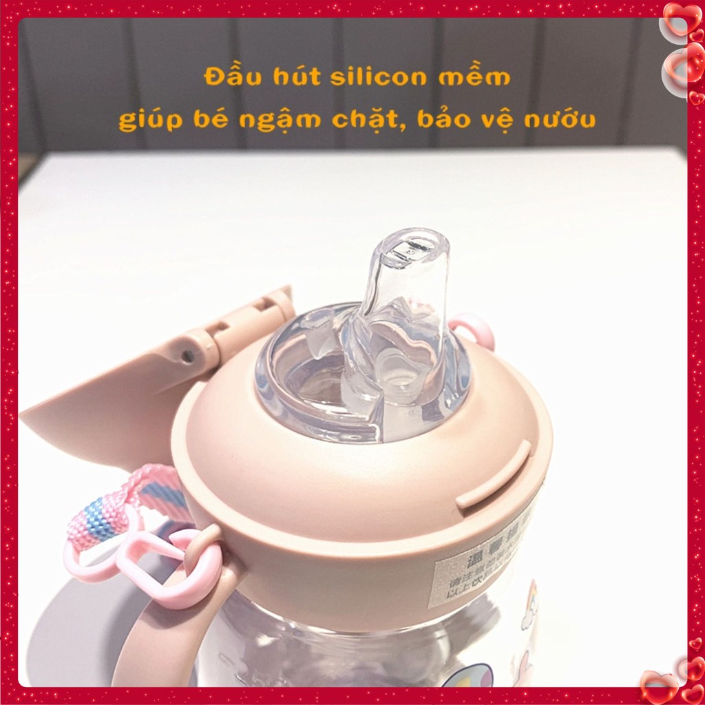 Bình tập uống nước cho bé đi học có dây đeo 280ml - Bình hút sữa hút nước vòi silicon mềm chống sặc an toàn - DC033