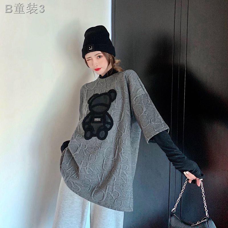 2020 autumn and winter Korean version of loose bear sanding thick all-match T-shirt women s western style retro letter
