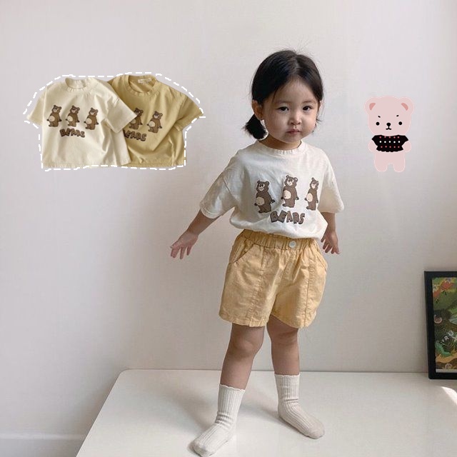Áo Thun Cotton Tay Ngắn In Hình Gấu Dễ Thương Thời Trang Mùa Hè Cho Bé Trai + Gái