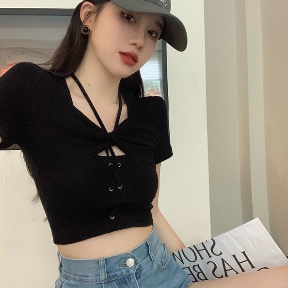 Áo croptop ZHELIHANGFEI dệt kim tay ngắn tạo kiểu nơ độc đáo quyến rũ dành cho nữ