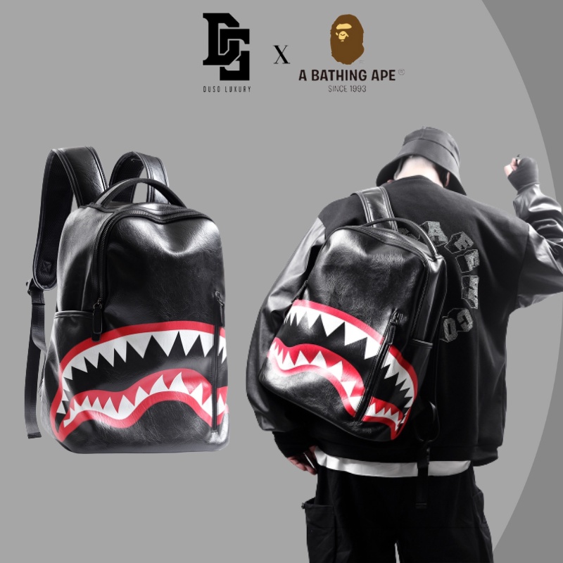 Balo SprayGround Full Black phong cách Bape cá mập, Bape Backpack, Chất liệu da chống nước size 32x40 DuSo