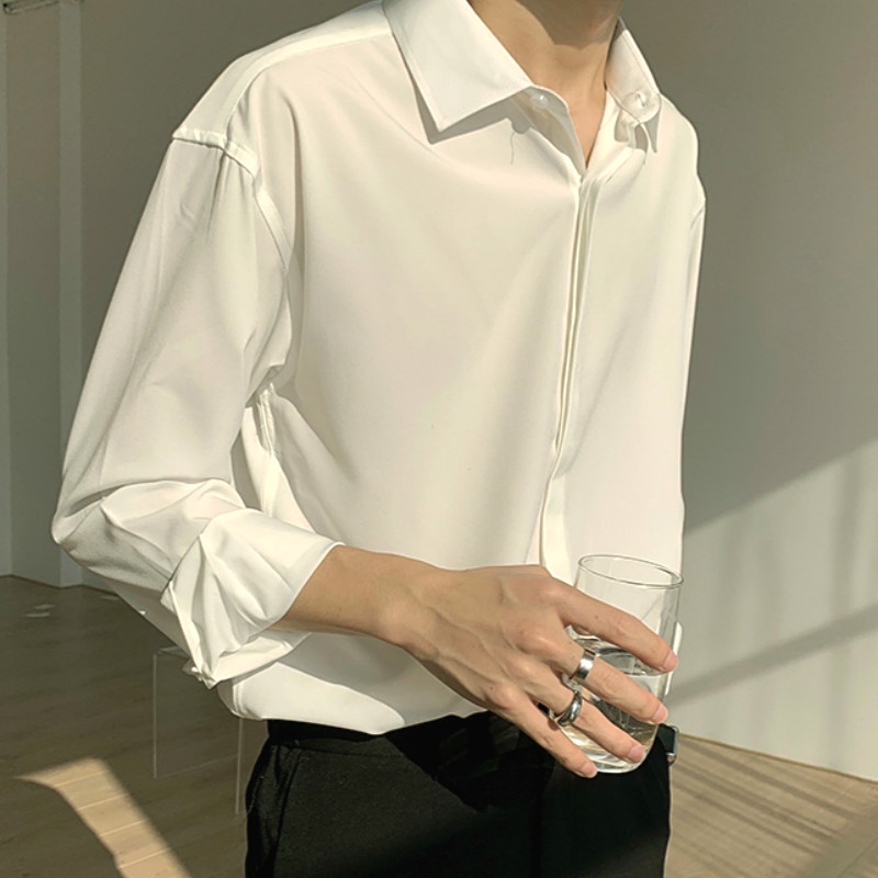 Áo sơ mi nam nữ tay dài giấu khuy form rộng vải lụa cao cấp UNICI AS02 phong cách Hàn Quốc | BigBuy360 - bigbuy360.vn