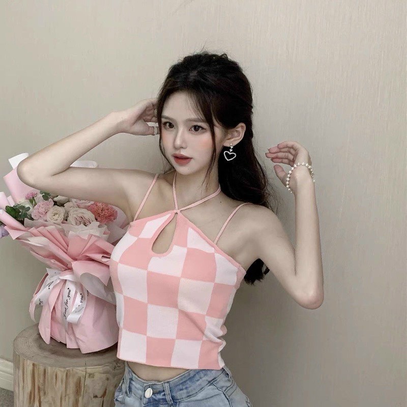 Áo croptop nữ kẻ sọc caro 2 dây luồn dây tròn cột cổ sexy Cá tính nữ