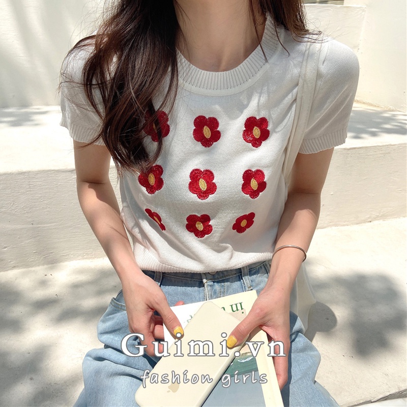 Áo thun NZN tay ngắn cổ tròn thêu hoa dành cho nữ