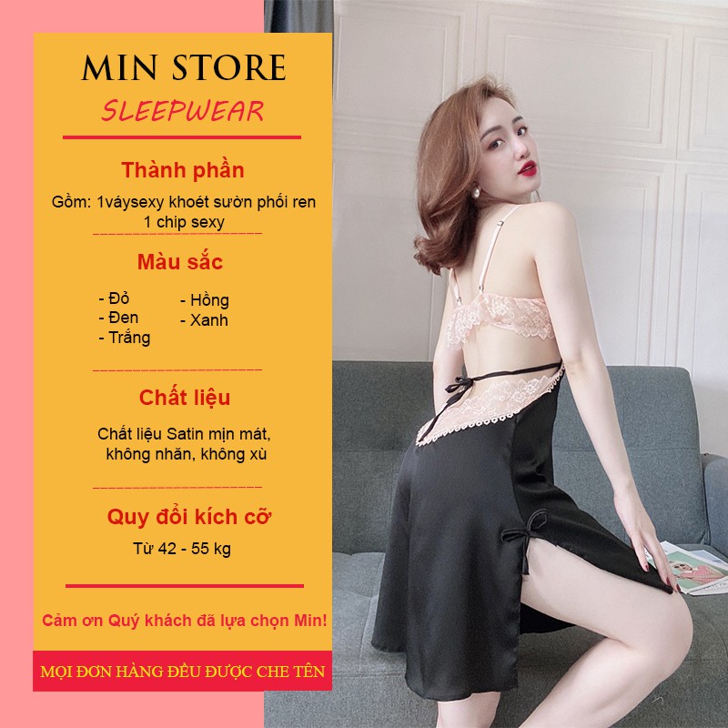 Váy ngủ 2 dây cao cấp lụa satin sexy gợi cảm phối ren khoét sườn V003 | BigBuy360 - bigbuy360.vn