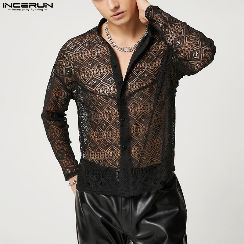 INCERUN Áo Sơ Mi Tay Dài Phối Lưới Thiết Kế Lỗ Thời Trang Cho Nam