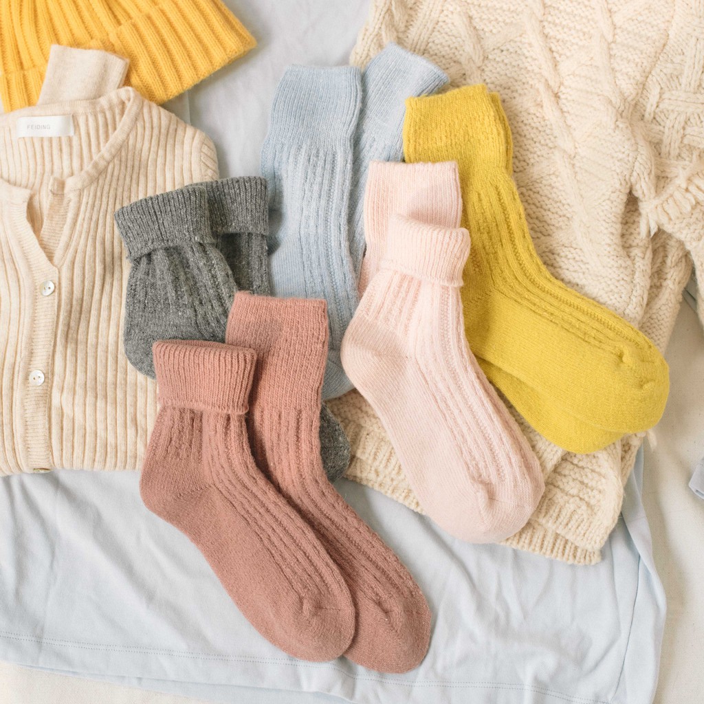 CANDY WOOL SOCKS - Tất vớ len cao cổ nữ trơn màu, gập được cổ tất, len cực dày ấm áp cho mùa đông, nhập khẩu Hàn Quốc