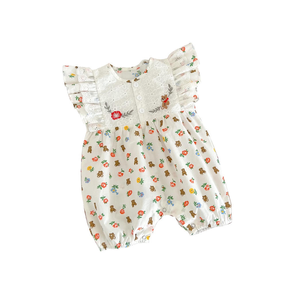 Bộ Áo Liền Quần Tay Cánh Tiên Chất Liệu Cotton In Hình Gấu Và Hoa Thời Trang Mùa Hè Phong Cách Phương Tây Cho Bé Gái 2022