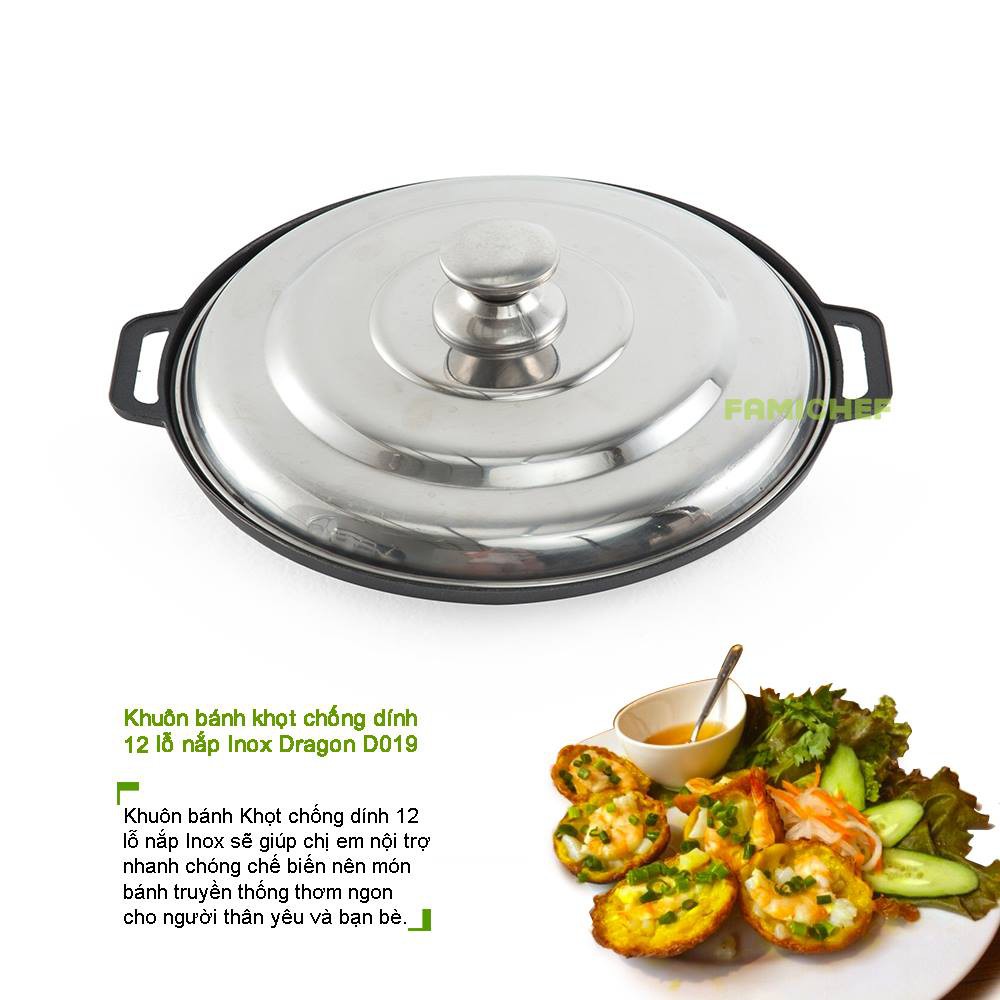 Khuôn Bánh Khọt Chất Liệu Gang Chống Dính Loại Dày Cao Cấp Nắp Inox