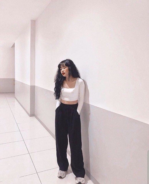 Áo croptop cổ u tay dài - hình thật sản phẩm