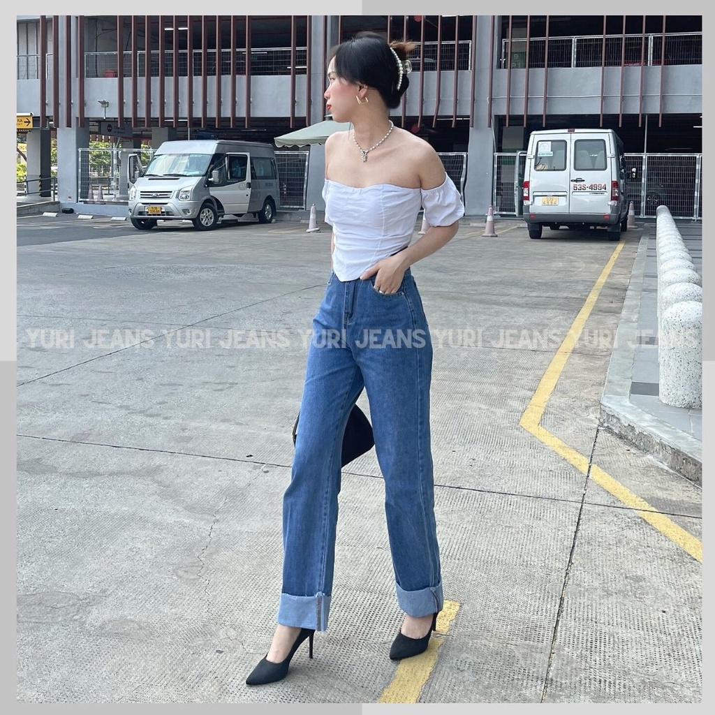 [FREESHIP] Quân Jeans Ống Rộng Lật Lai Lưng Cao 2 màu xanh đậm, nhạt Shop YuRi Jeans Nữ
