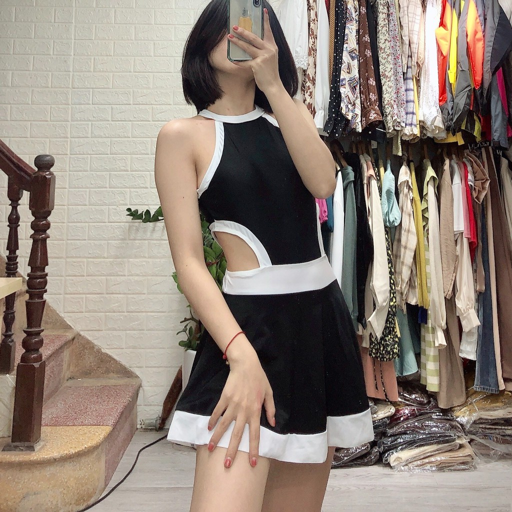 Bikini 1 mảnh yếm khoét eo phối viền, bộ bơi liền váy xòe đi biển cho nữ Bikini191