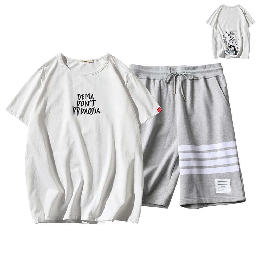 Combo Áo Thun Nam Cổ Tròn Tay Ngắn Hình Chó Mèo Nô Đùa + Quần Shorts Đùi Phối Sọc TOP 161 + SHORTS 16 G