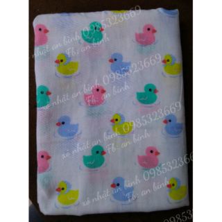 Vải xô nhật 2 lớp họa tiết vịt nhiều màu, thiên nga xanh, chậu cây xanh, ô tô đỏ nhí, thiên nga hồng, kiwi,