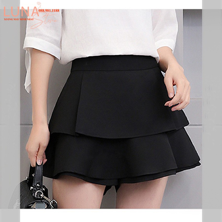 Chân váy xòe 2 tầng ngắn xếp ly sóng bồng có lót trong cá tính - Vải Umi màu Đen có giãn 4 chiều đi biển tiệc công sở