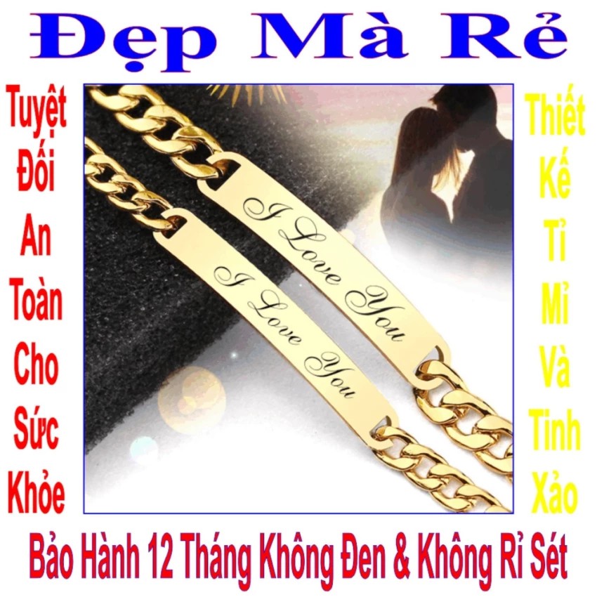 (Tặng 1 lắc đeo chân) Lắc tay màu vàng cặp khắc chữ I Love You - Giá bán như trên là 1 cặp = 2 lắc nam nữ như hình