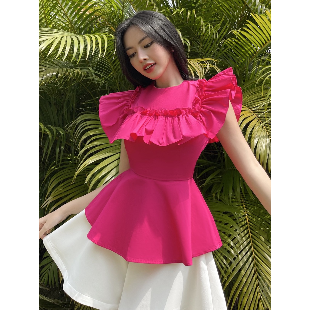 RECHIC Áo kiểu nữ Hebe cổ tròn viền bèo chiết eo xòe xinh xắn thanh lịch sang trọng đi làm đi tiệc