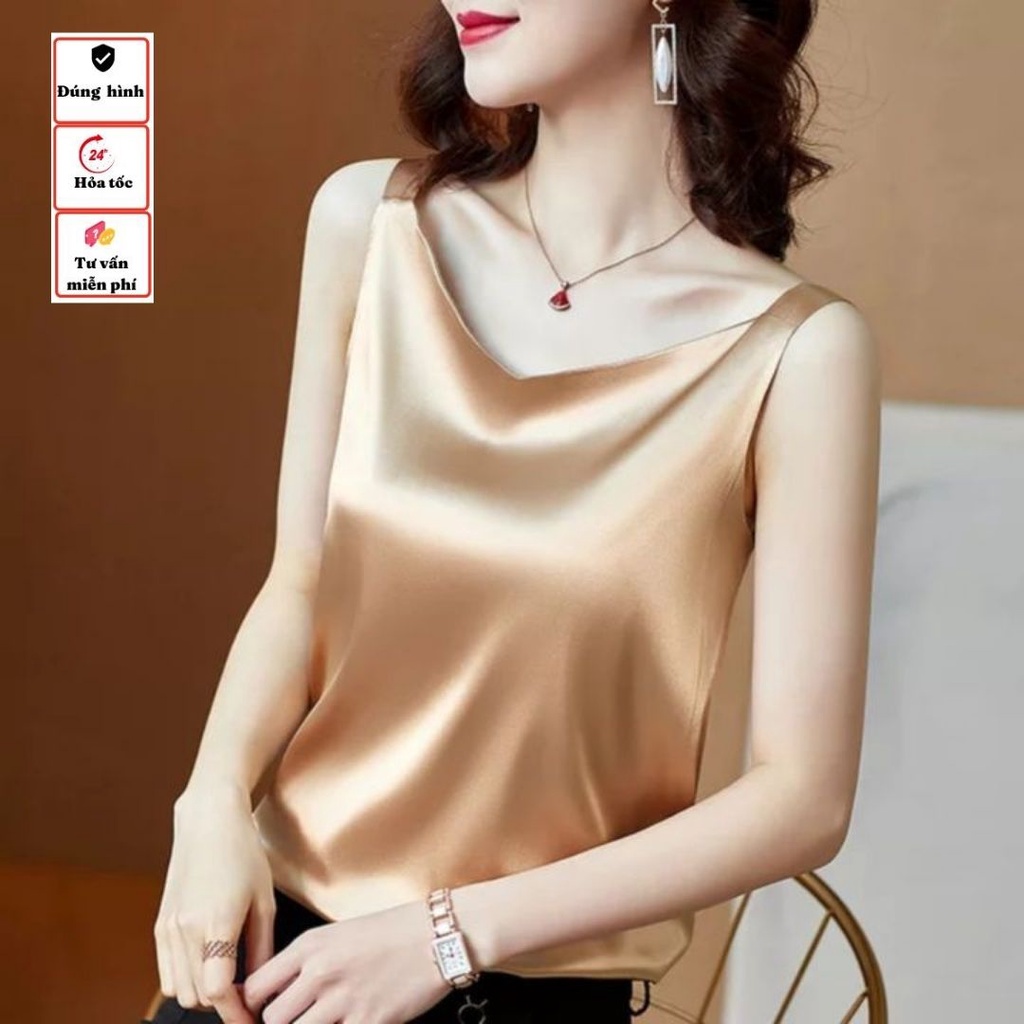 Áo hai dây lụa cổ tim từ 40-65kg- Áo nữ lụa satin cao cấp mặc trong vest Blazer- Freesize- Tomchuakids