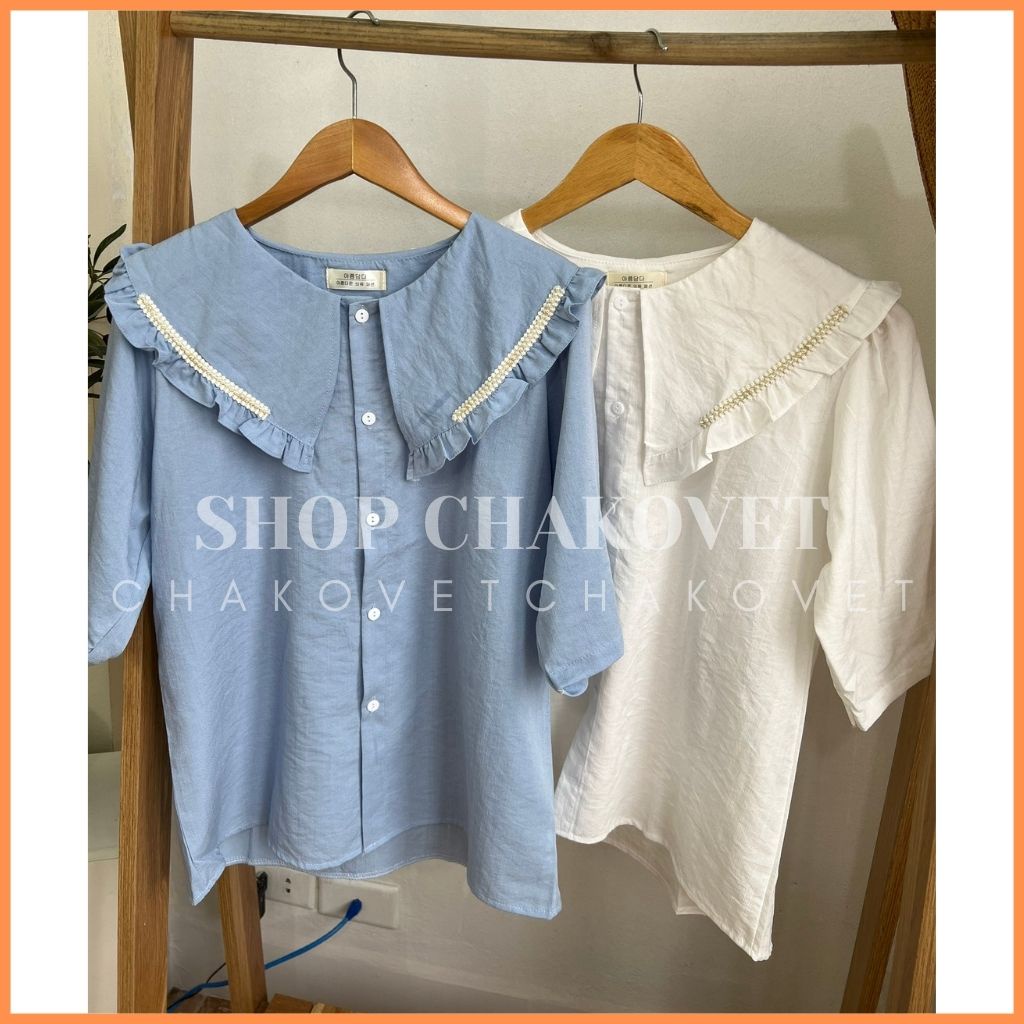 Áo sơ mi nữ tiểu thư A8244 áo kiểu bèo vai thêu viền họa tiết phong cách vintage cực xinh Freesize - CHAKOVET