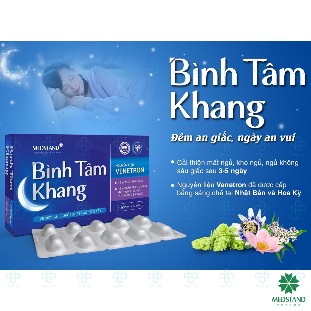 Bình Tâm Khang - Viên Uống Ngủ Ngon, An Giấc, Cải Thiện Mất Ngủ, Mệt Mỏi, VENETRON (Hộp 20 Viên) [Chính Hãng]