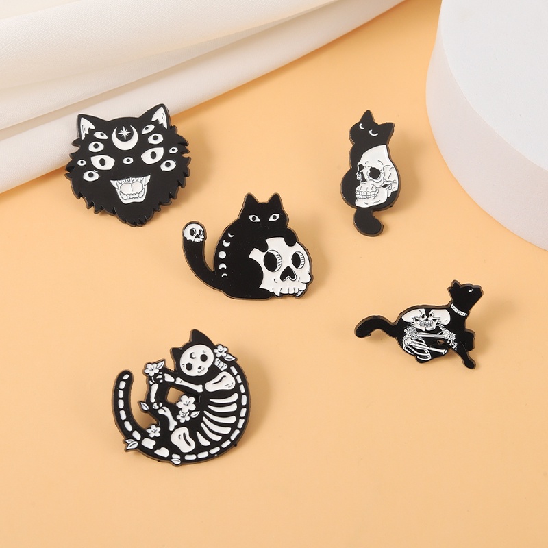 Ghim cài áo QIHE JEWELRY thiết kế chú mèo đầu lâu tráng men 5 mẫu tùy chọn đáng yêu làm quà tặng bạn bè