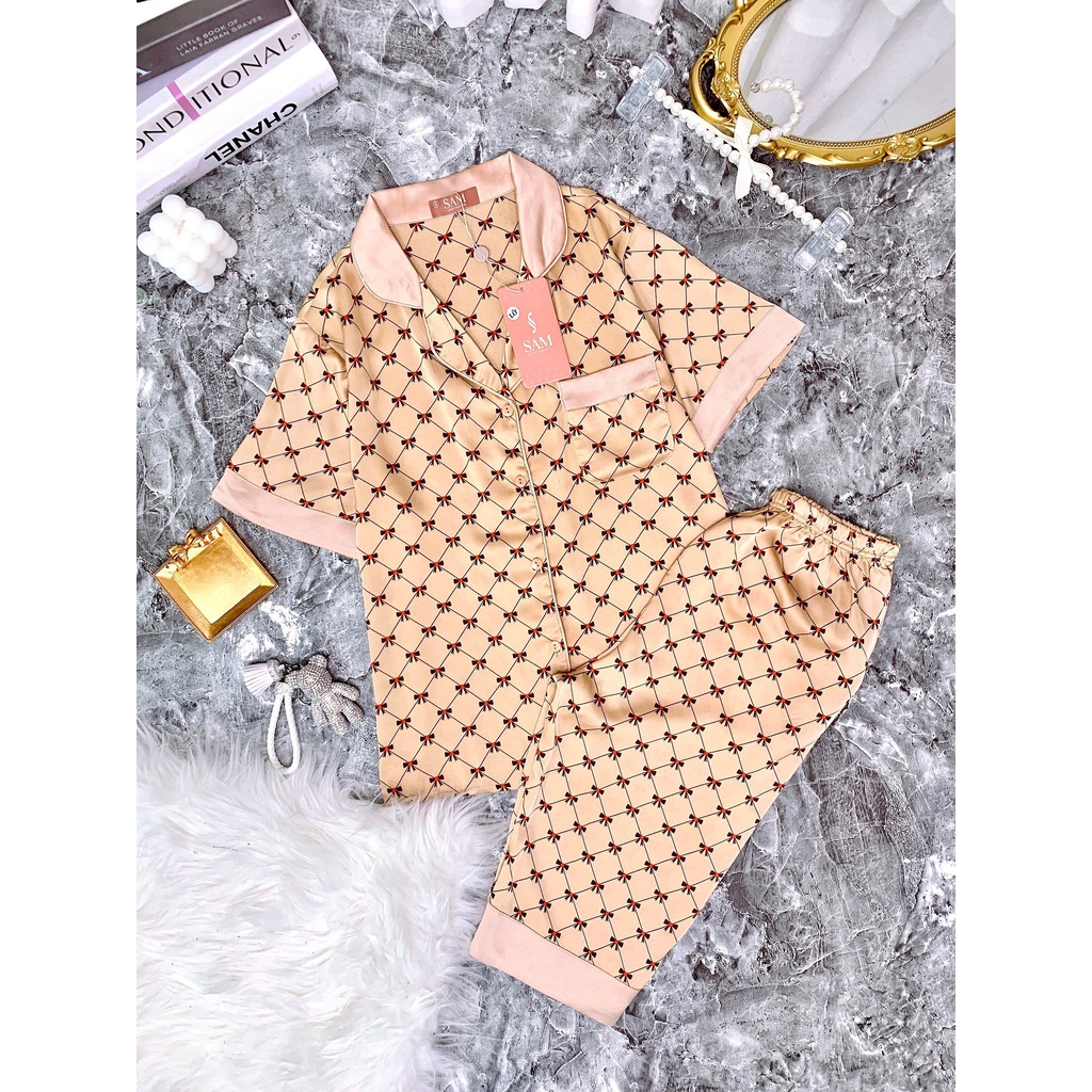 Bộ đồ Pijama mặc nhà SAM, set đồ ngủ nữ dáng áo cộc quần ngố chất lụa SATIN mềm mịn nhẹ nhàng họa tiết nơ nữ tính
