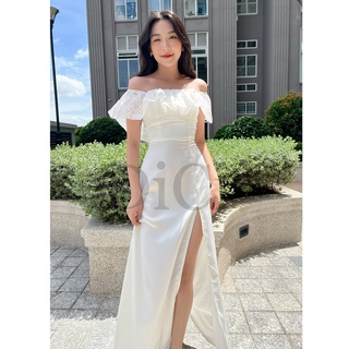 Đầm trễ vai form xuông xẻ tà, Chất mango phối ren, Đầm thiết kế cao cấp - DiciStyle
