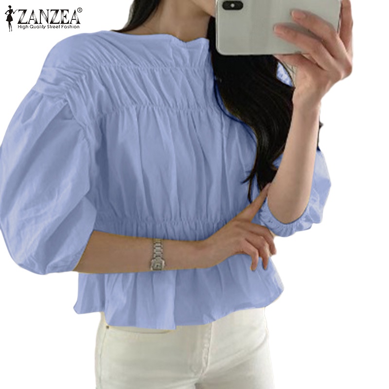 Áo kiểu Zanzea tay lửng cổ tròn phong cách Hàn Quốc cho nữ