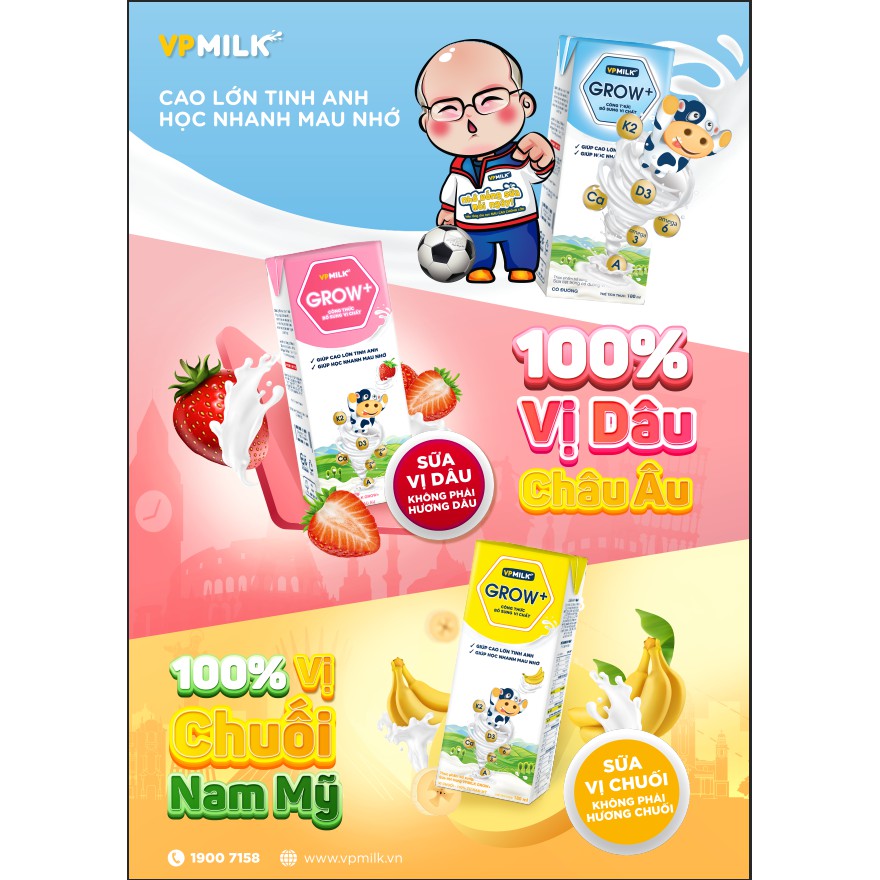 [Mã 267FMCGSALE giảm 8% đơn 500K] [Set 4 Hộp 180ml] Sữa Tiệt Trùng VPMilk Grow+ Vị Dâu, Vị Chuối