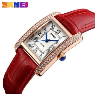 Đồng hồ dây da nữ đeo tay chính hãng Skmei mặt vuông đính đá viền vàng thời trang giá rẻ