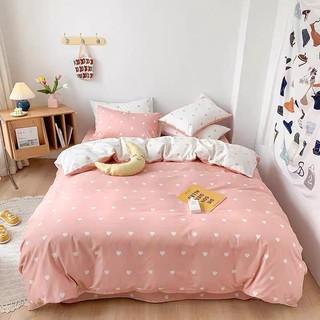 Bộ drap & chăn phao cotton poly tim nhí hồng