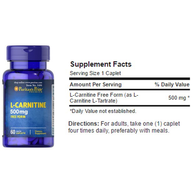 Viên uống Đốt cháy mỡ giảm cân Puritan's Pride l-carnitin 500mg 60v