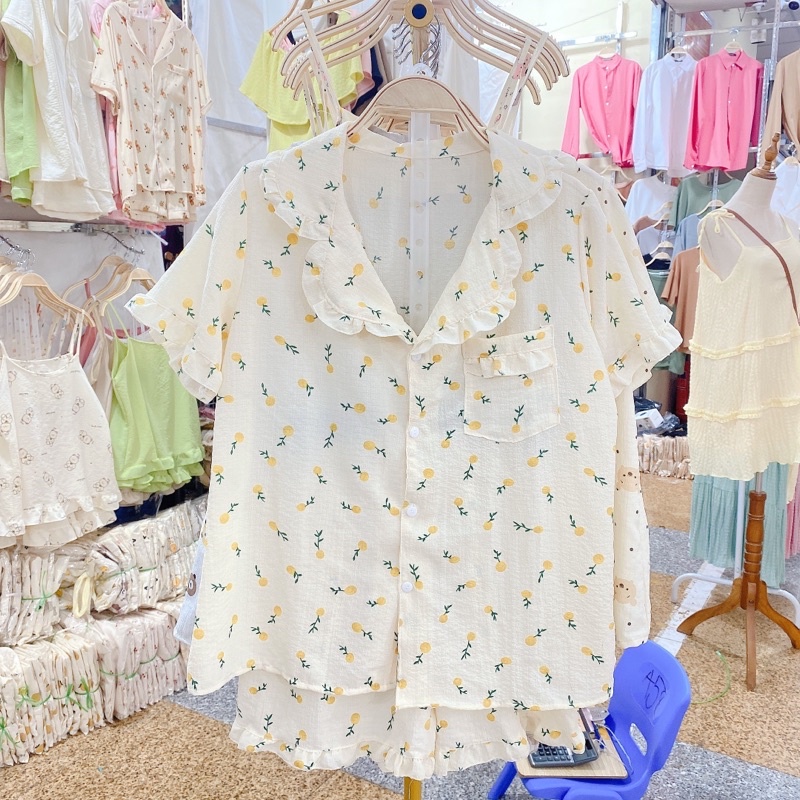 PIJAMA ĐŨI NỮ  - Bộ Cộc Quần Đùi Chất Đũi Mềm Đồ ngủ xinh phong cách Hàn Quốc